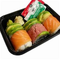 Rainbow Roll  · Crab meat ,cucumber, avocado, with salmon, tuna