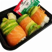 Tiger Roll  · Spicy Kani, mango inside, with salmon, avocado & Tanoshi special sauce