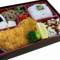 Pork Tonkatsu Bento とんかつ弁当 · Main dish served with miso soup, house salad, rice and side dishes.