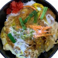 Chicken Katsudon チキンカツ丼 · Main dish served over rice with miso soup.