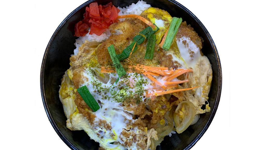 Chicken Katsudon チキンカツ丼 · Main dish served over rice with miso soup.