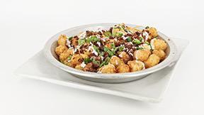 Loaded Tater Tots · Fat tire beer cheese, bacon, homemade ranch, scallions. 360 cal serving.