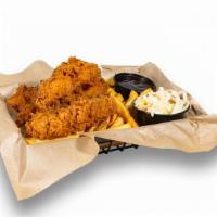 Hand Breaded Tenders Basket · All-natural chicken, fries, house slaw, choice of dipping sauce. 1340 cal.