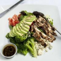 Chicken Avocado Salad · Mix greens, gorgonzola cheese, tomatoes, cucumbers, avocado, broccoli, roasted peppers, dres...