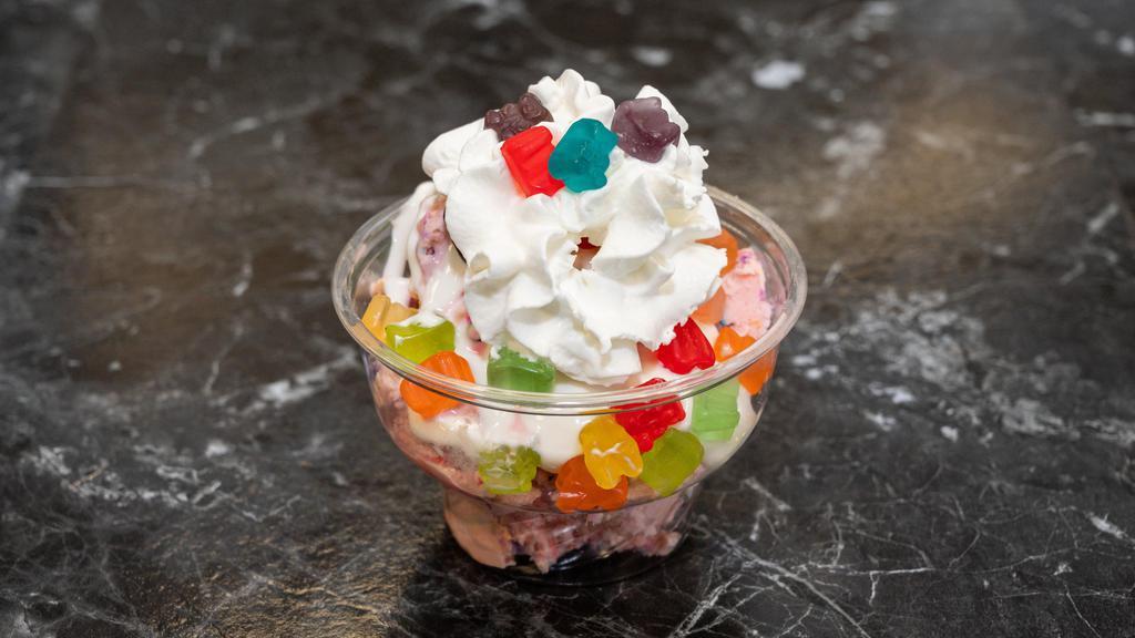 Bears Over The Moon · Cotton Candy Ice Cream with marshmallow sauce, whipped cream and gummy bears.