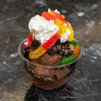 Arctic Dirt & Worms · Chocolate Ice Cream with crushed Oreo, whipped cream and gummy worms.