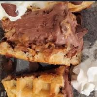 Polar Waffle Bites · Chocolate Ice Cream, PB sauce, chocolate chips between 2 chocolate chip waffles.