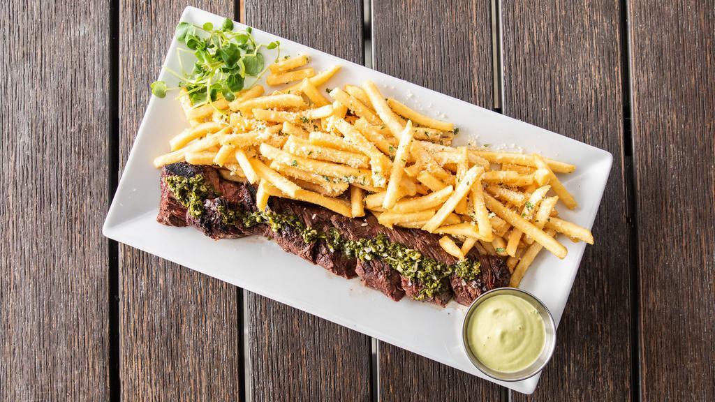 Steak Frites · Gluten free. Sliced hanger steak, chimichurri, salsa verde, frites.