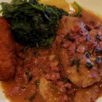 Veal Saltimboca · Top round veal scaloppini served in a prosciutto, sage, white wine demi,  over wilted greens...