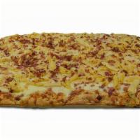 Sicilian Macaroni And Cheese Pizza · 32 Slices. Fresh dough, home-made macaroni and cheese, bacon and mozzarella cheese. Rectangu...
