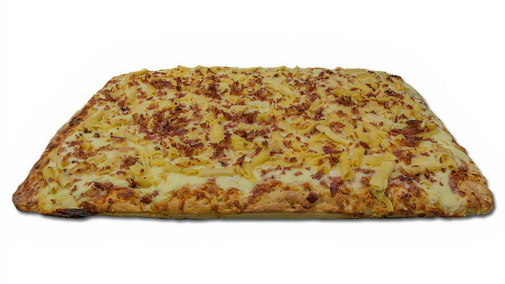 Sicilian Macaroni And Cheese Pizza · 32 Slices. Fresh dough, home-made macaroni and cheese, bacon and mozzarella cheese. Rectangular 1