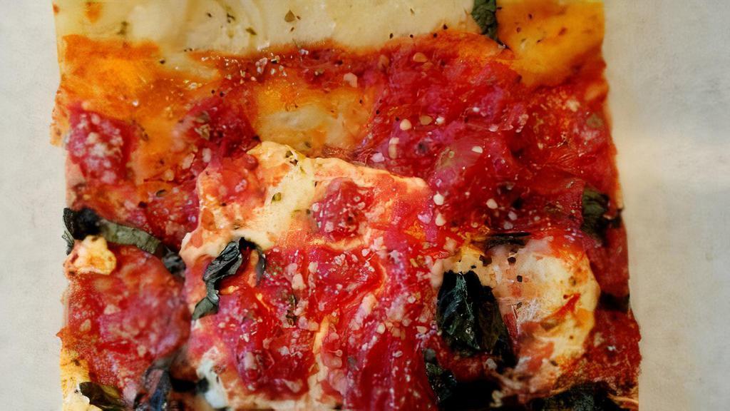 Grandma Slice · Thin Crust Pizza square slice - Fresh Tomato basil, our cheese blend