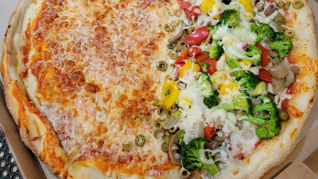 Half & Half Pizza Pie · Half & Half Pie - Just like it sounds!! Each half (4 slices) with a topping, the other half (4 slices) plain, or with another topping!!
