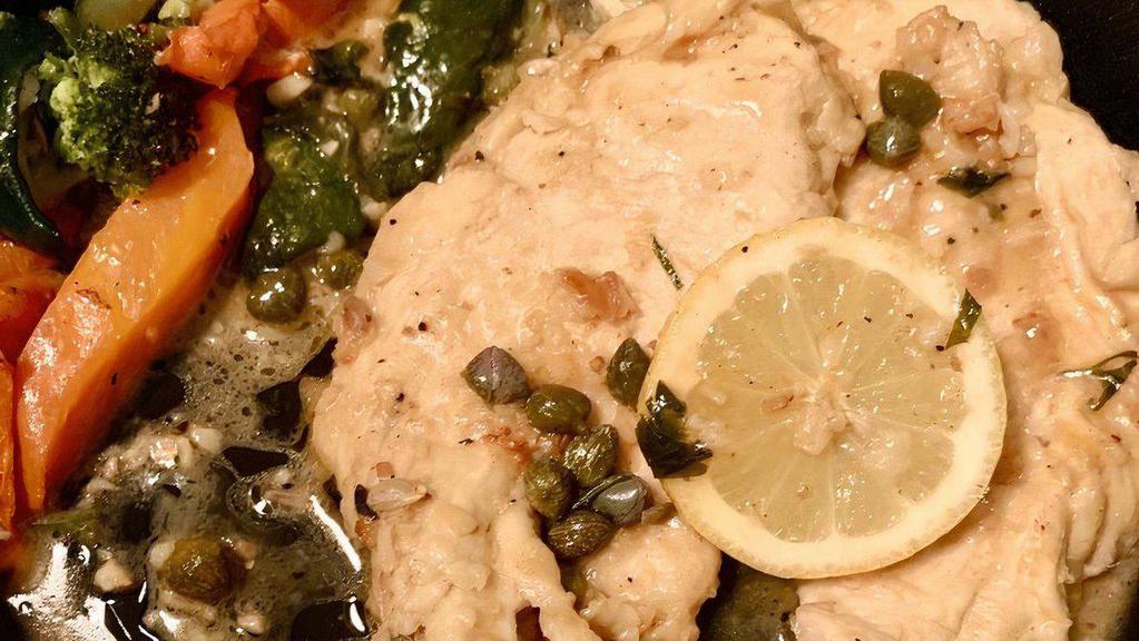 Chicken Piccata · Sautéed in White Wine, Lemon & Butter with Capers.