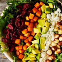 Maine Harvest Salad · Mixed greens, white balsamic vinaigrette, hazelnuts, butternut squash, dried cranberries, av...