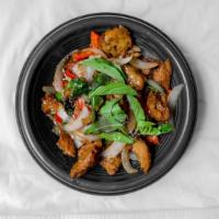 Seitan Basil Lunch Special · Sauteed seitan with onion, bell pepper and basil. Served with jasmine rice, spring roll, sou...