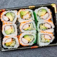 California Roll · Seaweed, rice (vinegared), avocado, cucumber, crab meat (imitate), soy sauce, & wasabi on th...
