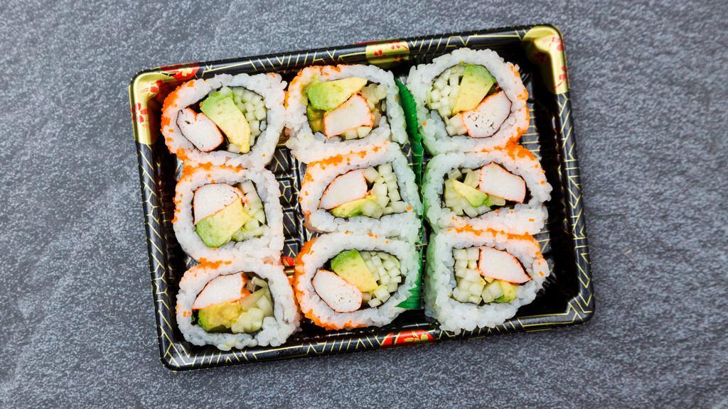 California Roll · Seaweed, rice (vinegared), avocado, cucumber, crab meat (imitate), soy sauce, & wasabi on the side.