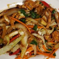 Chicken & Shrimp Chop Suey · Chicken shrimp bok choy onions bell peppers celery and carrots stir fried with a soy based s...