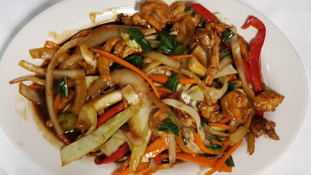 Chicken & Shrimp Chop Suey · Chicken shrimp bok choy onions bell peppers celery and carrots stir fried with a soy based sauce.