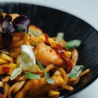 Shrimp & Veggie Mazemen · Poached Shrimp, Pickled Red Pepper, Togarashi Sweet Corn, Scallions, YellowSquash, Zucchini ...