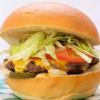 Cheeseburger · Hand pressed, fresh burger topped with American cheese, lettuce, tomato, pickles, onions and...