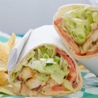 Chicken Wrap · Large flour tortilla filled with grilled chicken, bacon, swiss cheese, lettuce, tomato and r...