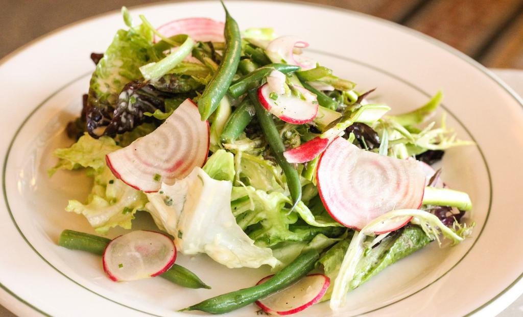 Salade Verte · Bibb lettuce, haricots verts, and shaved radishes with red wine-shallot vinaigrette, tarragon, and chives
