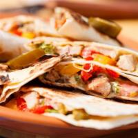 Chicken Quesadilla · Tortilla filled with chicken and cheddar Jack cheese. Served with sides of sour cream, and s...