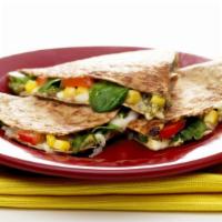 Chicken & Veggie Quesadilla · Tortilla filled with grilled chicken, tomatoes, zucchini, cucumbers, peppers, onions, chedda...