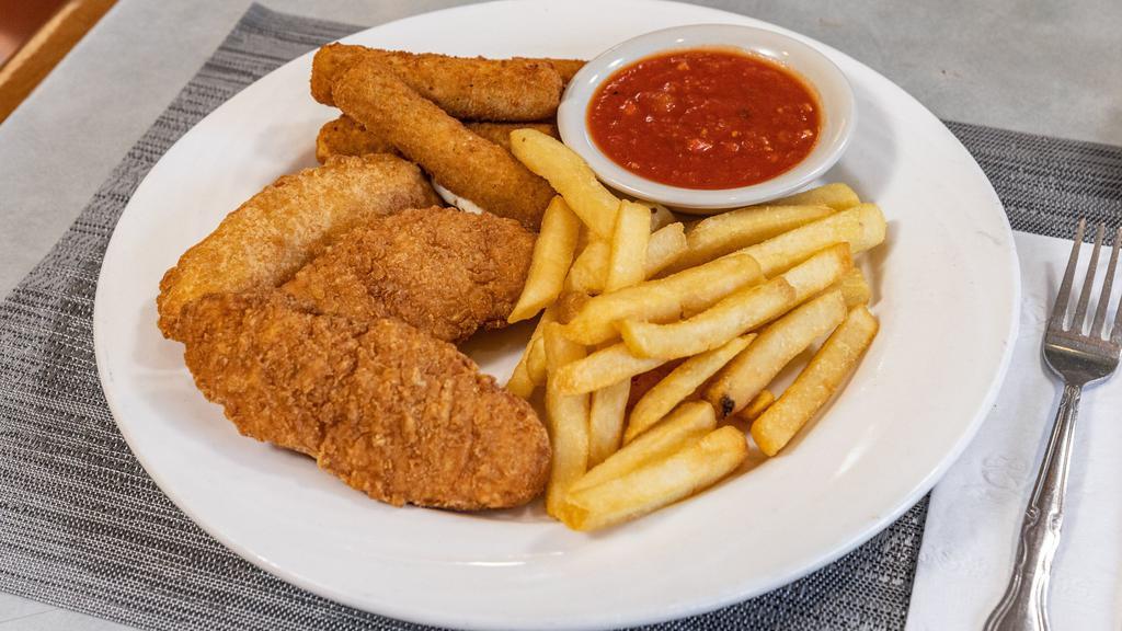 Combo Platter · Three chicken fingers, four mozzarella sticks, and French fries. Served with honey mustard and marinara sauce.