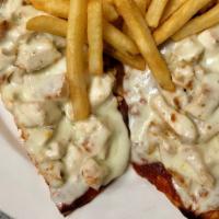 Italian Chicken Sandwich · Strips of grilled chicken on pita bread with marinara sauce. Topped with melted mozzarella c...