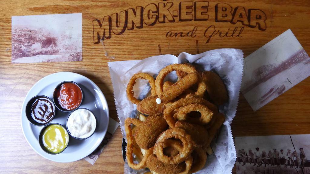 Munk-Ee Basket · Chicken fingers, jalapeño poppers, mozzarella sticks, french fries, onion rings, dipping sauces.