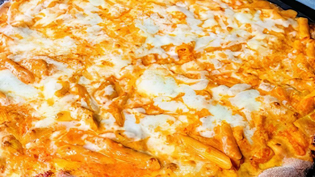 Baked Ziti Pizza · Ziti mixed with ricotta and parmesan cheese with marinara sauce, topped with mozzarella cheese.