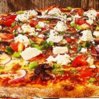 Greek Pizza · Tomatoes, onions, green peppers, kalamata olives, feta, oregano topped with mozzarella.