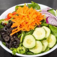 House Salad · Mixed lettuce homemade red onions, cucumbers olives and shaved carrots.