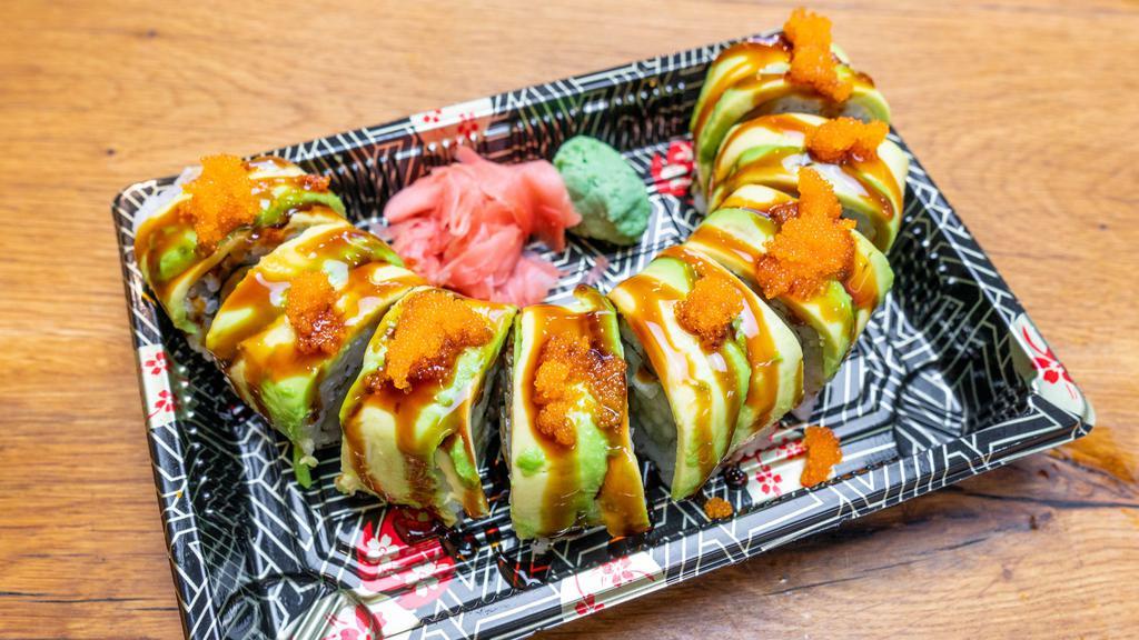 Green Dragon Roll (8 Pcs.) · Bbq eel, cucumber topped with avocado and masago.