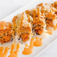 Blast · Spicy crunchy tuna and yellowtail on the inside, topped with spicy crunchy crab meat.