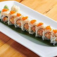 Selfish Roll · Crab meat and shrimp inside, topped with torched scallops and smoke creamy masago sauce.
