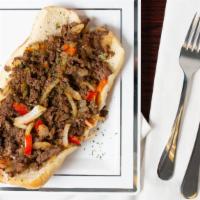 Philly  Steak Sandwich · chopped steak, cheese, onions, peppers, special sauce