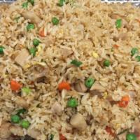 Gf Chicken Fried Rice · Sliced chicken stir fried with steamed rice, peas, carrots, white onions, green onions, egg ...