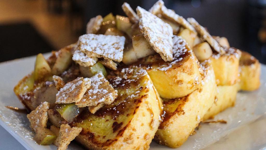 Apple Pie · topped with french vanilla mascarpone,
caramelized apples, graham cracker crumbs & powdered sugar. drizzled with maple cinnamon glaze.