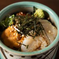 Uni Ikura Hotate Don · Uni,salmon roe and sea scallop with seaweed, sesame, rice cracker, scallion and wasabi over ...