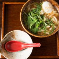 Chicken Oyako Udon · All natural chicken and soy sauce broth udon noodle/ mushroom, scallion, mizuna, sesame seeds.