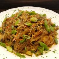 Japchae · Vegan, vegetarian. Glass noodles and assorted vegetables sautéed in sesame oil choice of chi...
