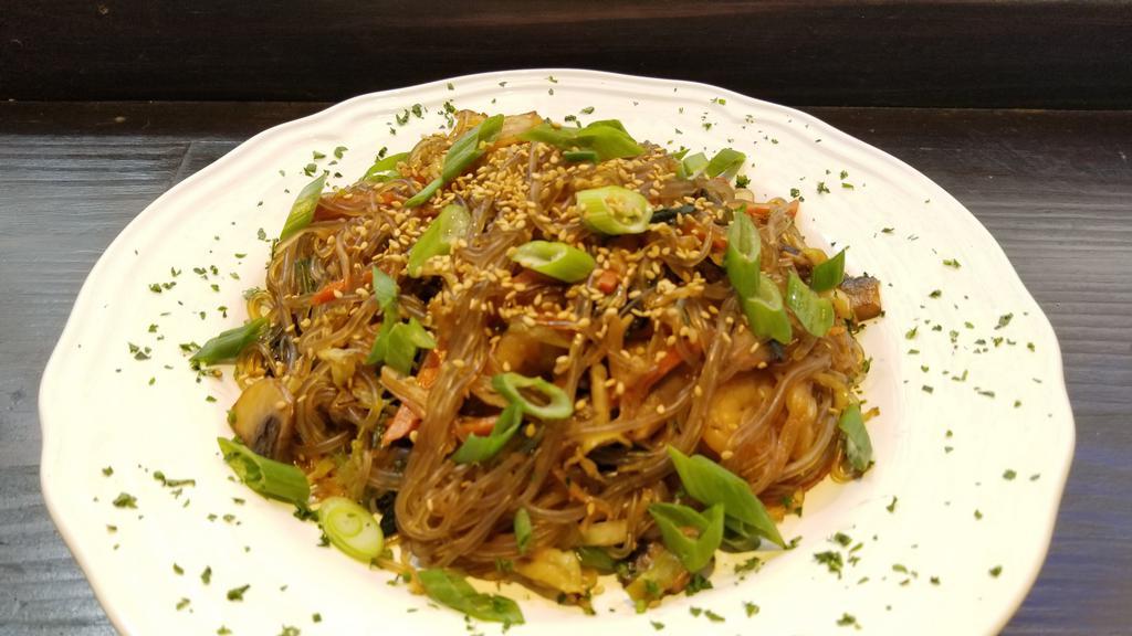 Japchae · Vegan, vegetarian. Glass noodles and assorted vegetables sautéed in sesame oil choice of chicken, shrimp, or vegetable.