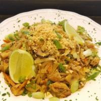 Pad Thai · Vegan, vegetarian. Sautéed rice noodles. Choice of chicken, shrimp, or vegetable.