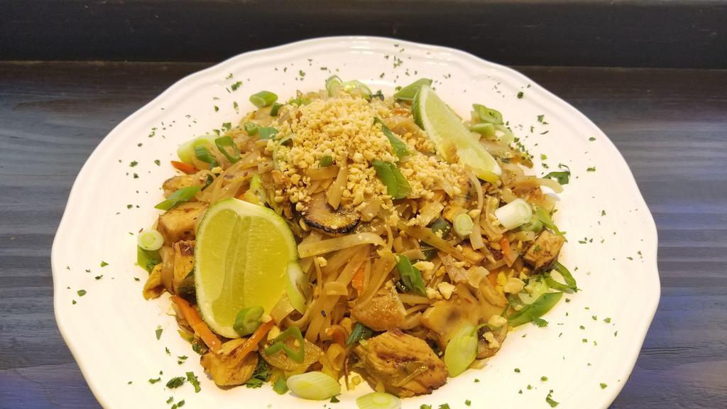 Pad Thai · Vegan, vegetarian. Sautéed rice noodles. Choice of chicken, shrimp, or vegetable.