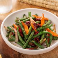 Dry Fried Green Beans 干煸四季豆 · A perfect combination of string beans, scallion, carrots and dry pepper