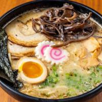 Tonkotsu Ramen 豚骨拉面 · Pork based soup, menma, kikurage, naruto, pork belly, negi, seaweed, half seasoned egg